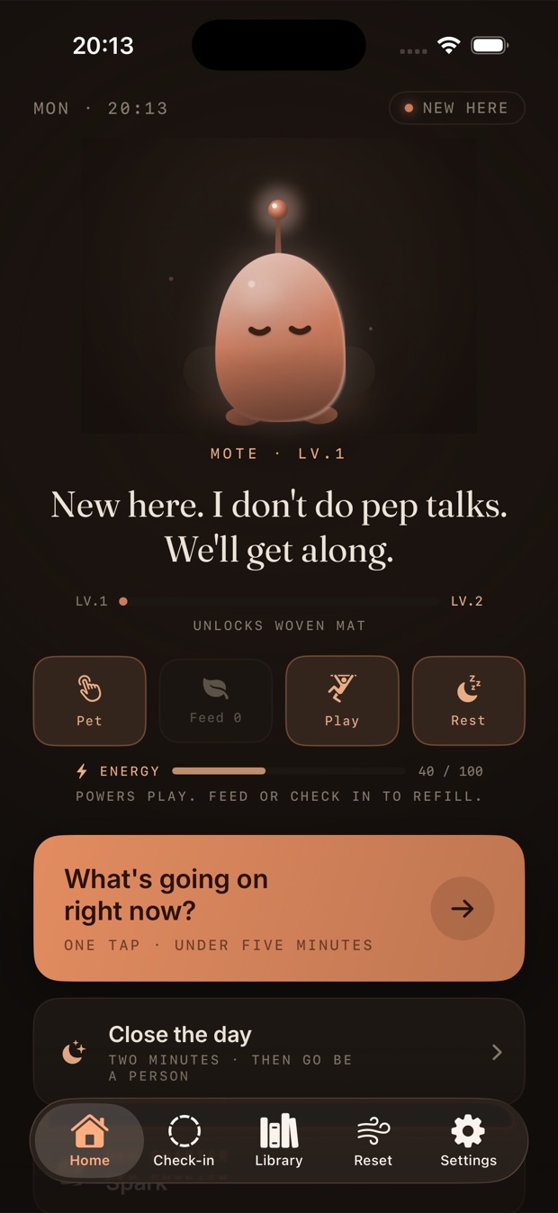 Home screen with Mote the companion
