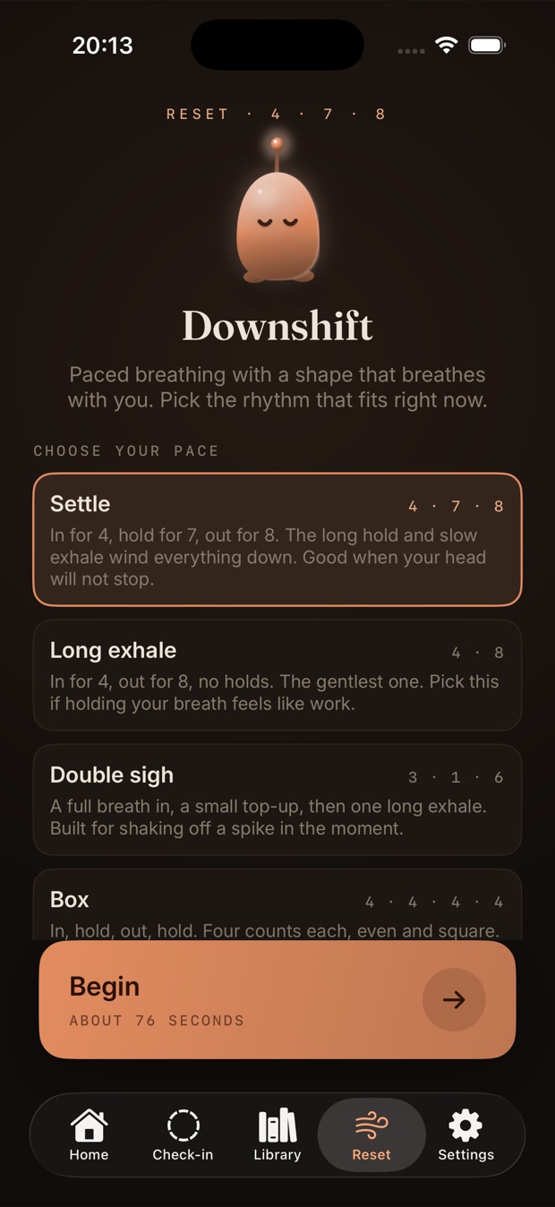 The Downshift breathing screen with pace options